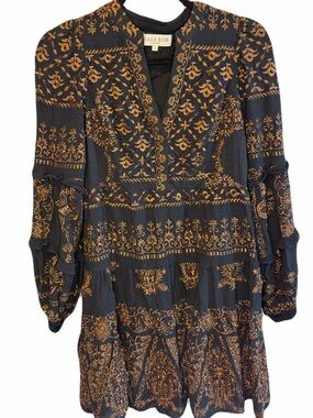 Hale Bob Adira Dress Black Gold Bronze Long Sleeve Boho Embroidery size Small